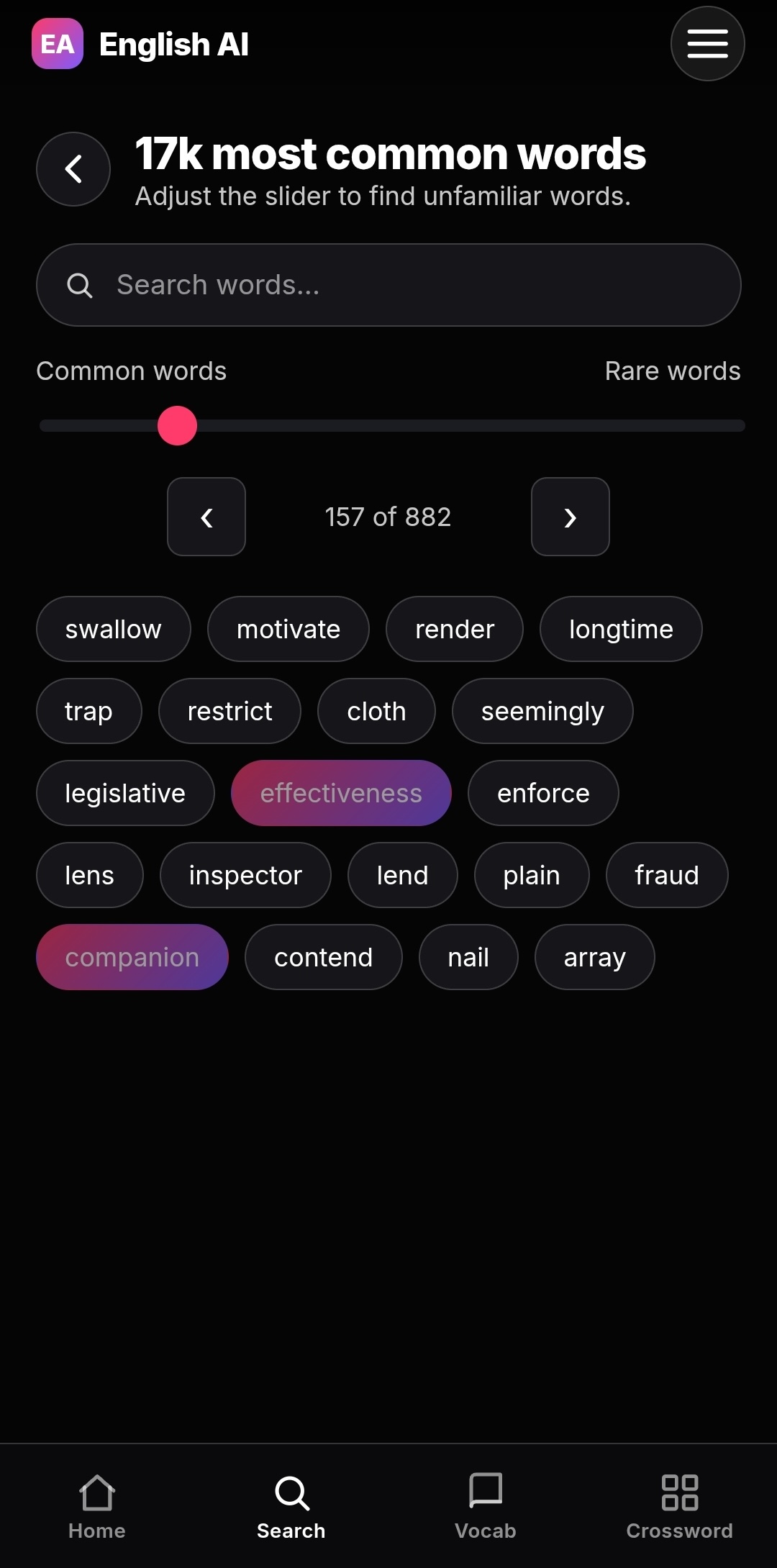 A list of the most common English words in English AI