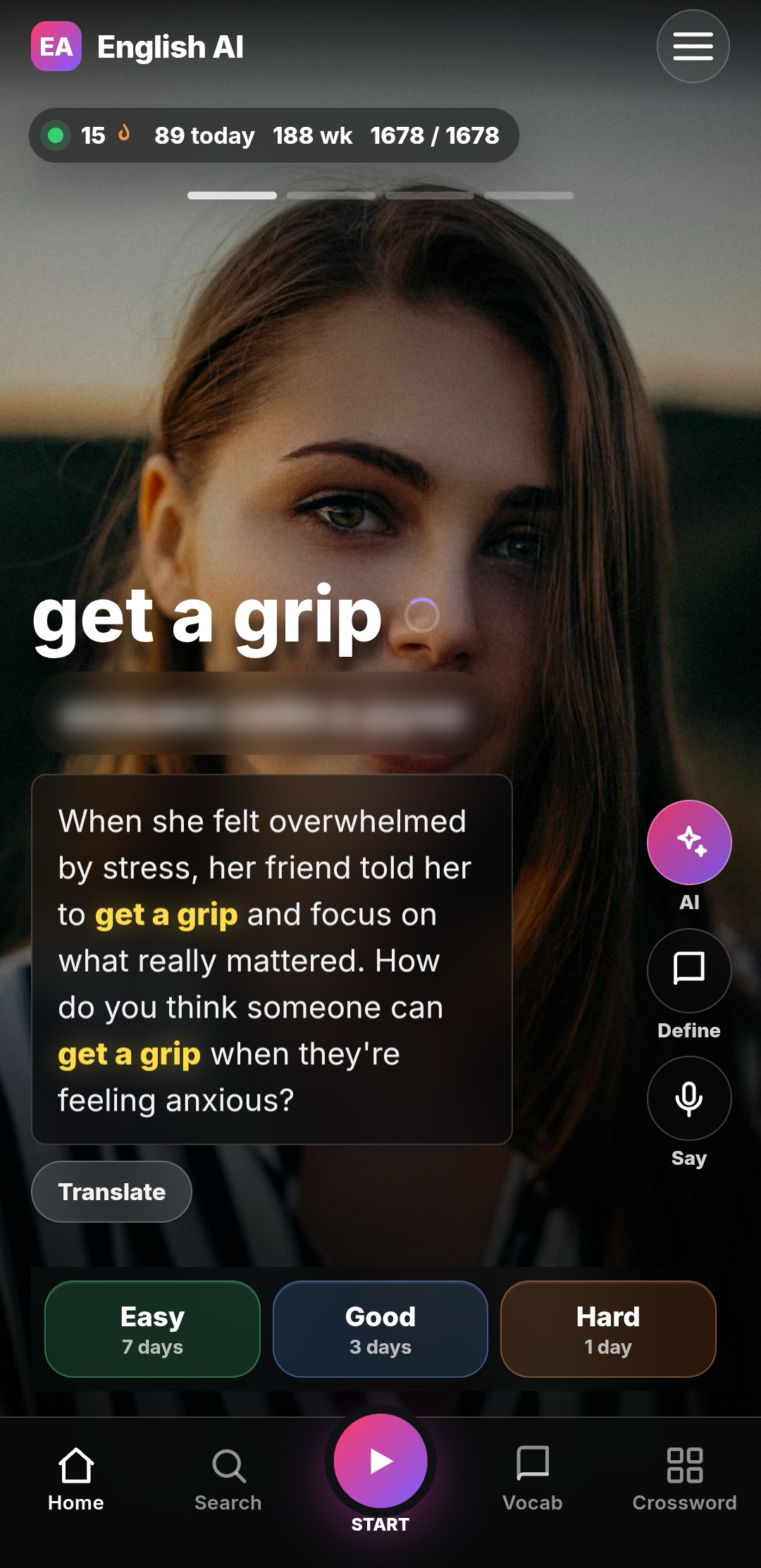 English AI showing the phrase get a grip with a natural example and review choices